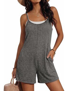 Women's Dark Grey Summer Casual Loose Sleeveless Overall Adjustable Short Romper